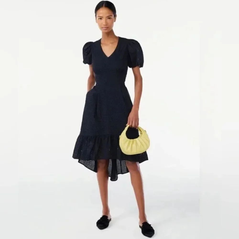 Scoop navy blue Eyelet Puff Sleeve High Low Cotton Midi Dress size L